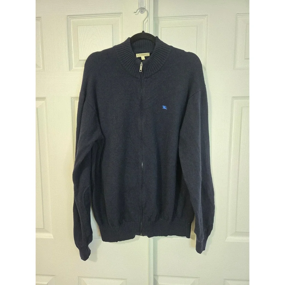 Burberry London Mens XL Full Zip Mock Neck Sweater Navy Blue 100% merino Wool